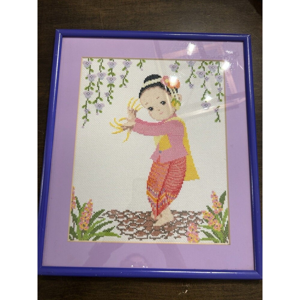 Hand Made Needlepoint Cross stitch Thai Child Dancer Asian Colorful Kids room
